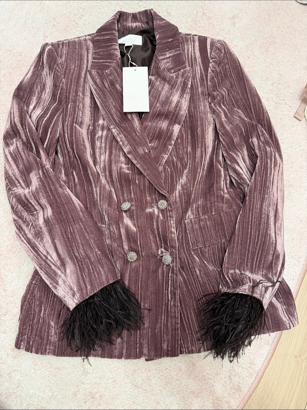 Zara Mauve Velvet Double-Breasted Blazer with Feather Cuffs